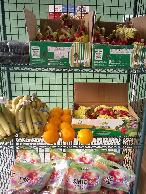 Cage shelf filled with bananas, bags of apples, boxes of dragon fruits, oranges, and plastic containers of either grapes or blueberries.